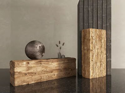 Rustic Wooden Decor With Sphere And Dried Flowers Near Stone Structures 3d model