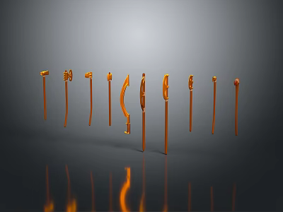 Orange Weapons of Various Types and Different Shapes Display on Gray Background with Reflections 3d model