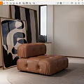 Modern Brown Leather Single Sofa With Button Tufted Design And Abstract Wall Art 3d model