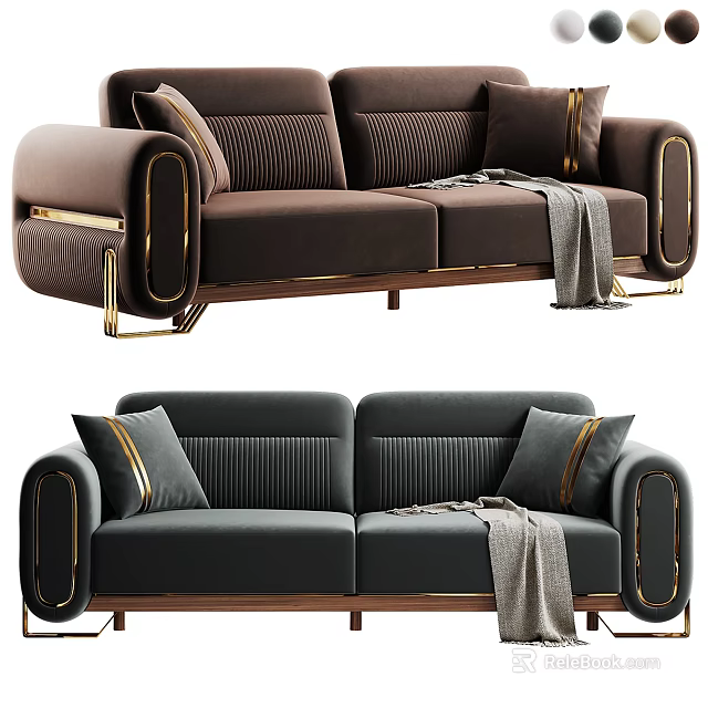 Modern Luxury Sectional Sofa With Gold Accents Cushions And Throw Blanket 3d model 