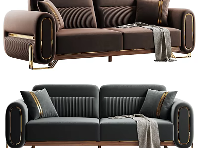 Modern Luxury Sectional Sofa With Gold Accents Cushions And Throw Blanket 3d model