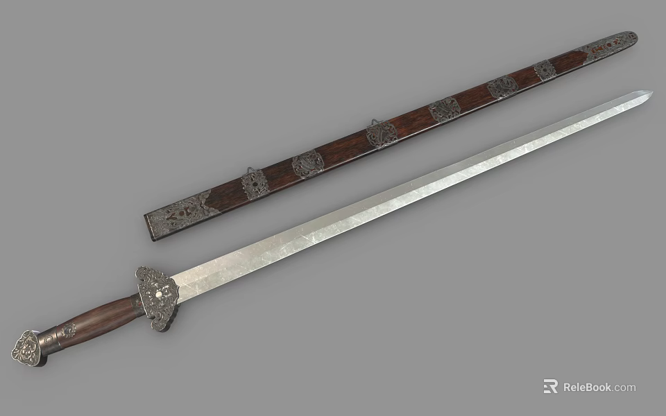 Ancient Traditional Sword with Decorative Wooden Scabbard Intricate Patterns Sharp Metal Blade and Carved Hilt 3d model 
