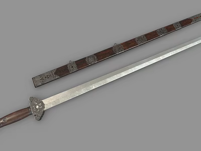 Ancient Traditional Sword with Decorative Wooden Scabbard Intricate Patterns Sharp Metal Blade and Carved Hilt 3d model