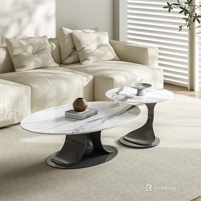 Modern Coffee Tables With White Marble Top And Black Metal Base In Living Room 3d model 