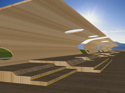 Modern Garden Landscape Featuring Wavy Wooden Canopy Terrace Steps and Scenic Mountain View 3d model