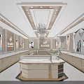 Modern Luxury Jewelry Store Interior With Glass Display Cases Chandelier And Decorative Flowers