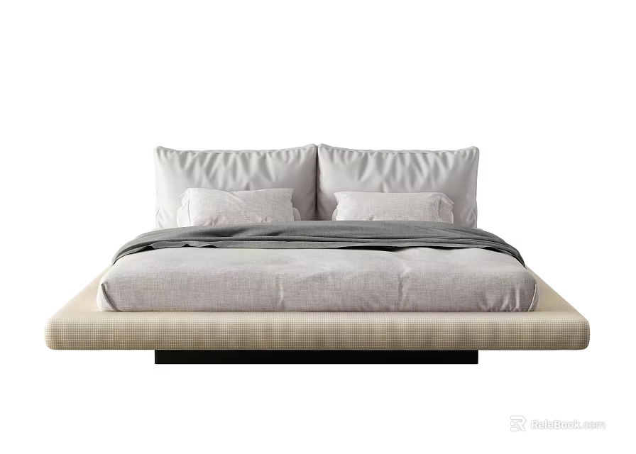 Modern Double Bed Design With Beige Frame Light Colored Pillows And Gray Blanket 3d model