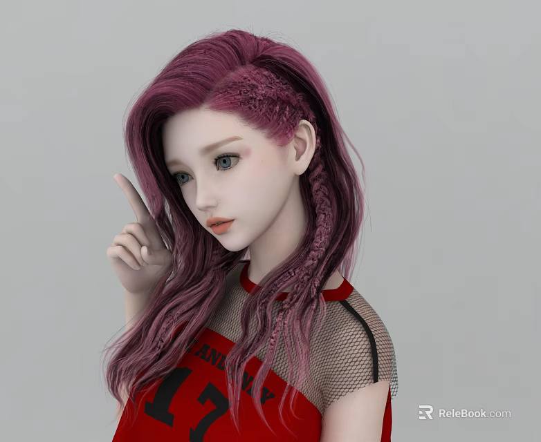 Young Woman With Pink Braided Hair In Red Chicago Number 11 Shirt Pointing Finger 3d model 