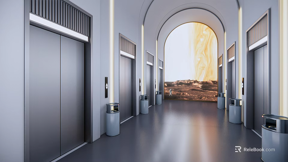 Modern Elevator Corridor Design With Stainless Steel Doors And Recessed Lighting 3d model
