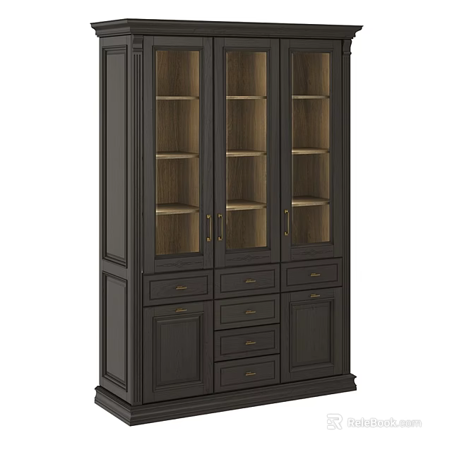 Dark Wood Storage Cabinet with Glass Doors Drawers and Cabinet Doors for Home Organization 3d model 