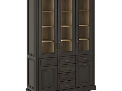Dark Wood Storage Cabinet with Glass Doors Drawers and Cabinet Doors for Home Organization 3d model