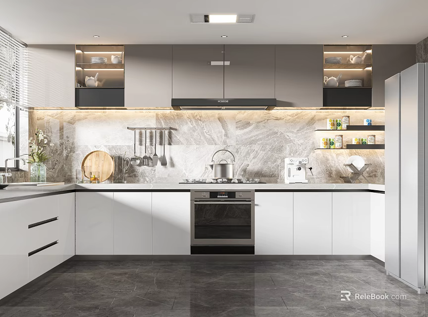 Modern Kitchen Interior With White Gray Cabinets Marble Backsplash And Open Shelves 3d model