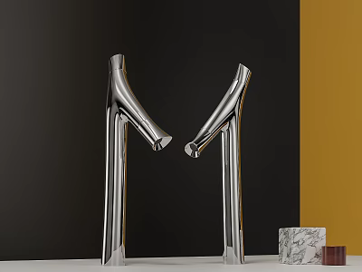 Silver Double Faucets Against Black And Yellow Background With Marble Decorative Objects 3d model