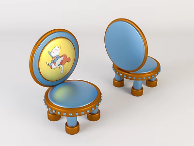 Kids Chair with Cartoon Character Round Blue Backrest Blue Orange Legs and Round Feet 3d model