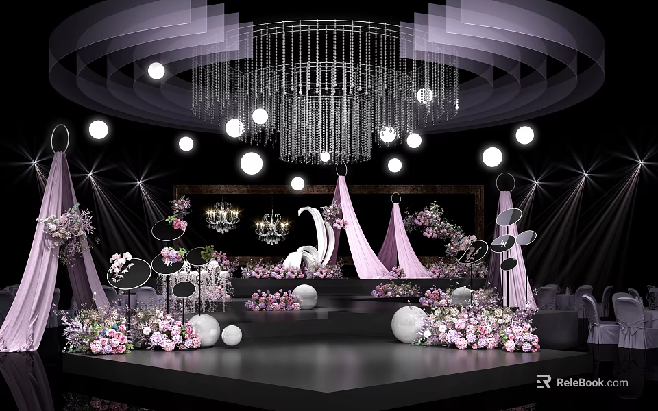 Wedding Stage Decor With Pink White Flower Bouquets Chandelier Lighting And Decorative Balls 3d model 
