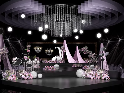 Wedding Stage Decor With Pink White Flower Bouquets Chandelier Lighting And Decorative Balls 3d model