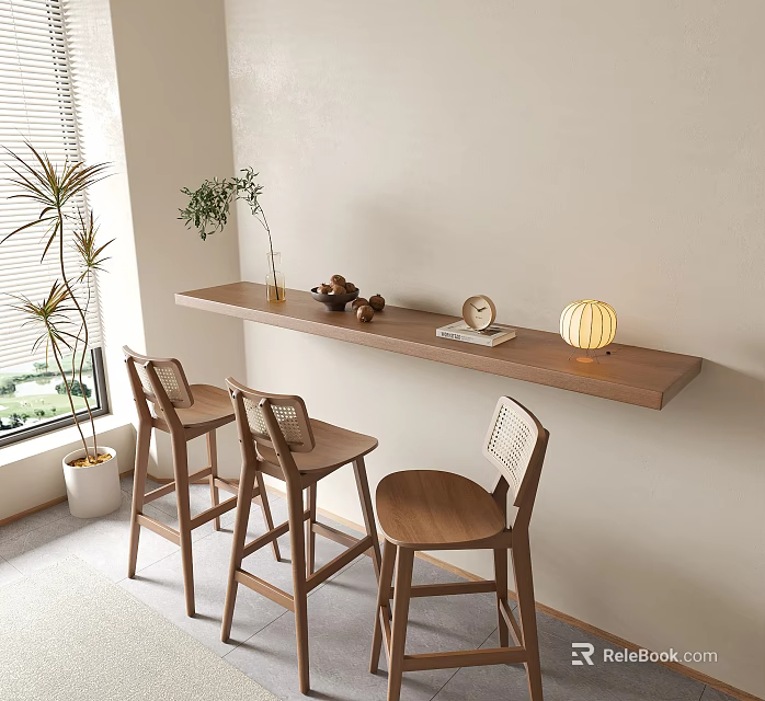 Wooden Bar Counter Interior With Three Bar Stools Plants Lantern Lamp And Decorations 3d model 