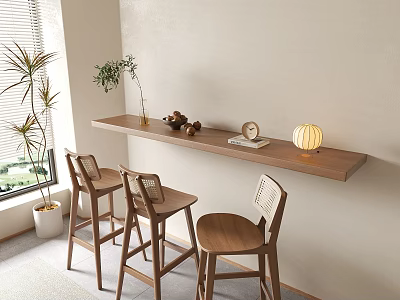 Wooden Bar Counter Interior With Three Bar Stools Plants Lantern Lamp And Decorations 3d model