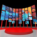Modern Stage Design With Red White Circular Bases And Colorful Blue Screens