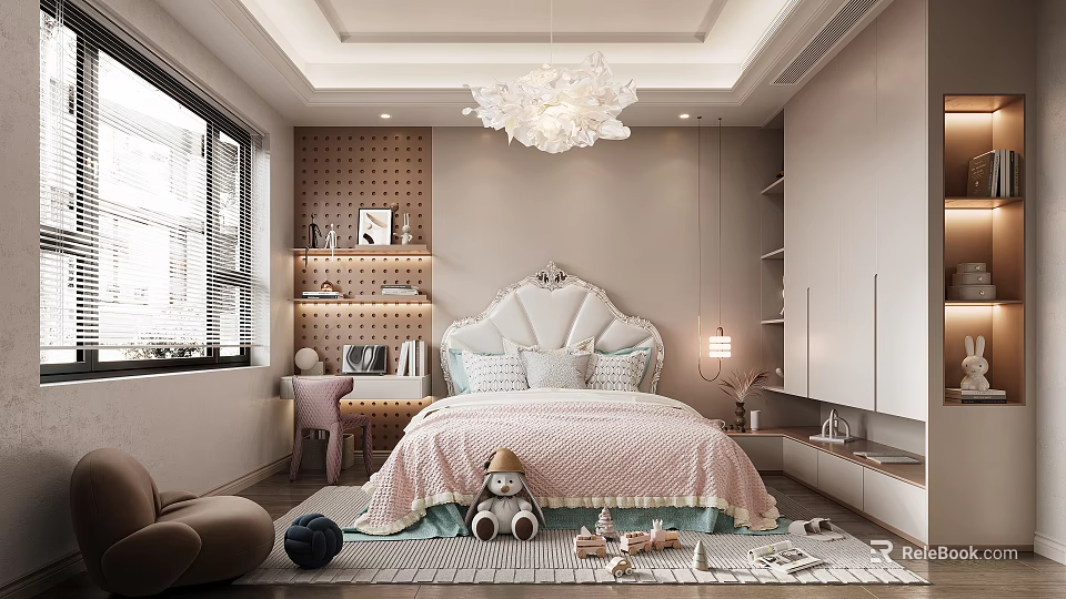 Cozy Modern Kids Bedroom With Chandelier Upholstered Headboard And Toys 3d model 