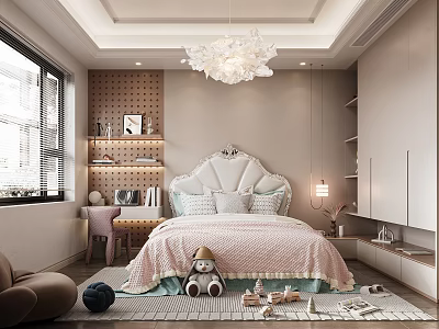 Cozy Modern Kids Bedroom With Chandelier Upholstered Headboard And Toys 3d model
