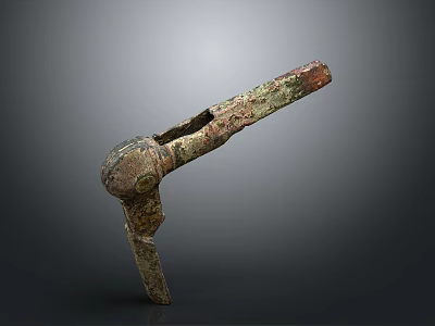 Ancient Bronze Sculpture with Intricate Carvings Patina Featuring Curved Section and Long Handle 3d model