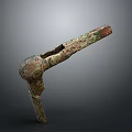 Ancient Bronze Sculpture with Intricate Carvings Patina Featuring Curved Section and Long Handle