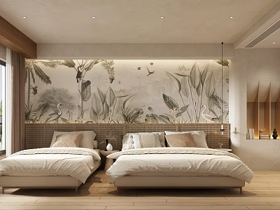 Hotel Guest Room Interior With Twin Beds And Botanical Mural On Wooden Flooring 3d model