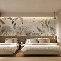 Hotel Guest Room Interior With Twin Beds And Botanical Mural On Wooden Flooring