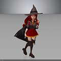 Red Haired Witch Character In Red Dress With Gray Wizard Hat Black Cloak And Brown Boots