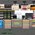 Supermarket Retail Space with Shelves Full of Products Refrigerated Cases and Promotional Screens