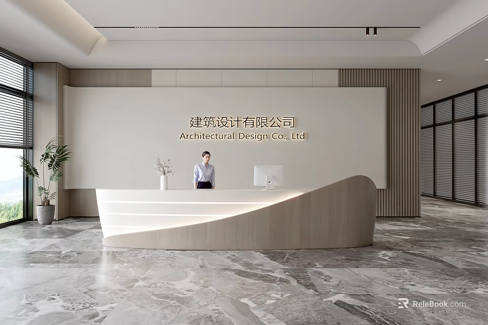Modern Front Desk Reception Interior Design With Curved Desk And Professional Staff 3d model 