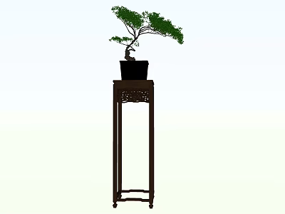 Bonsai Plant On Tall Wooden Stand With Green Foliage And Carved Design 3d model