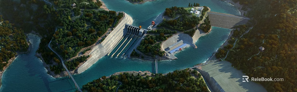 Aerial Planning of Large Dam Structure With Water Reservoir and Green Vegetation 3d model 