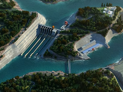 Aerial Planning of Large Dam Structure With Water Reservoir and Green Vegetation 3d model