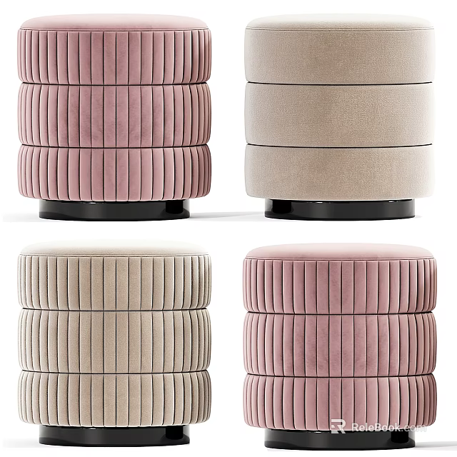 Pink And Beige Velvet Ottoman With Vertical Tufted Design And Black Round Base 3d model 