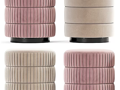 Pink And Beige Velvet Ottoman With Vertical Tufted Design And Black Round Base 3d model