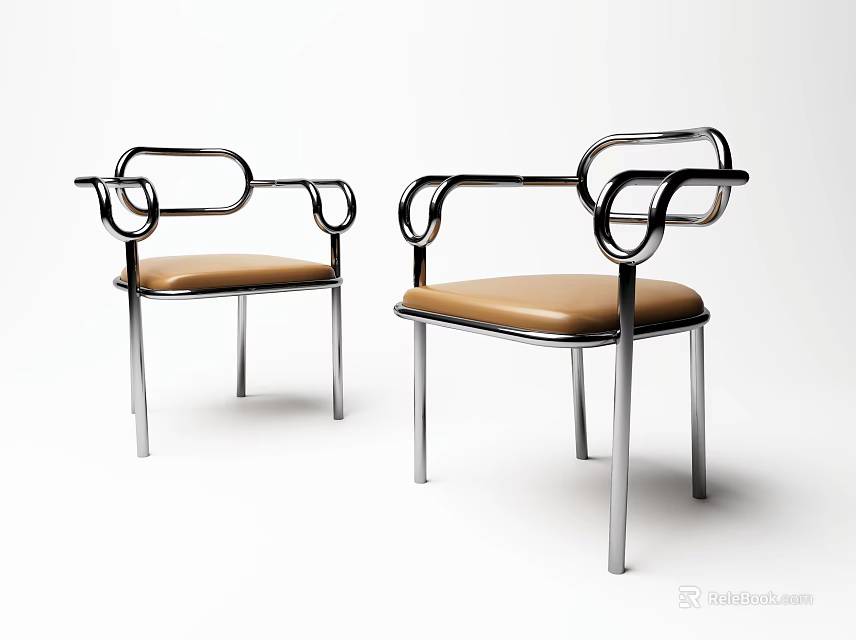 Modern Dining Chairs With Metal Frame And Brown Leather Seat Circular Armrest Design 3d model 