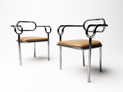 Modern Dining Chairs With Metal Frame And Brown Leather Seat Circular Armrest Design 3d model