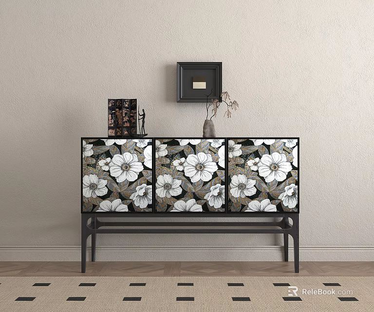 Decorative Cabinet With White Floral Pattern Black Frame And Decorative Items In Living Room 3d model 