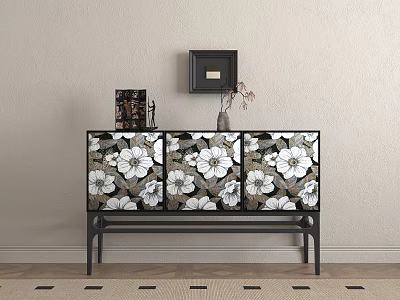 Decorative Cabinet With White Floral Pattern Black Frame And Decorative Items In Living Room 3d model