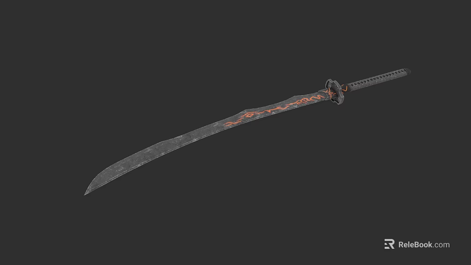 Traditional Japanese Katana Sword With Black Blade Red Patterns And Decorative Handle 3d model 