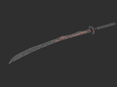 Traditional Japanese Katana Sword With Black Blade Red Patterns And Decorative Handle 3d model