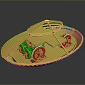 Orange 3D Model of Boat like Structure With Wheels and Wooden Texture Frame