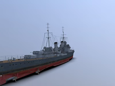 Classic Warship With Gray Hull Red Bottom And Twin Masts In Side View 3d model