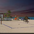 Beach Scene With Sunset Palm Trees Surfboards And BYD Signage