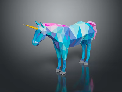Colorful Low Poly Unicorn With Blue Pink Purple Body And Yellow Horn On Black Background 3d model