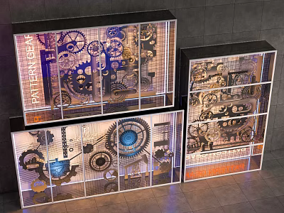 Industrial Style Commercial Equipment with Gear Mechanical Patterns and Illuminated Glass Display Cases 3d model