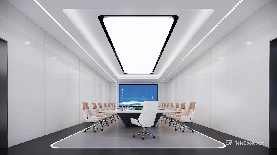 Modern Conference Room Interior Design With Long Table Chairs Large Screen White Walls And Lighting 3d model 