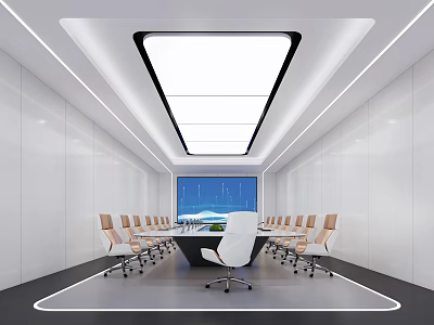 Modern Conference Room Interior Design With Long Table Chairs Large Screen White Walls And Lighting 3d model
